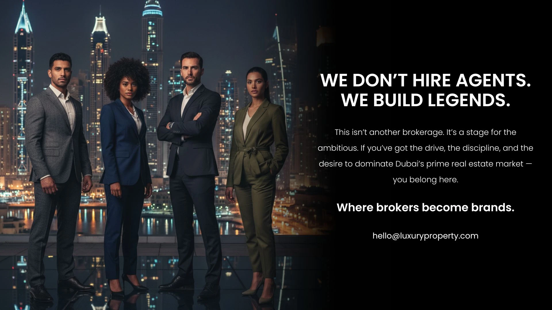 Professional real estate sales broker discussing property deals with clients in a modern Dubai office, showcasing luxury homes and city skyline views.